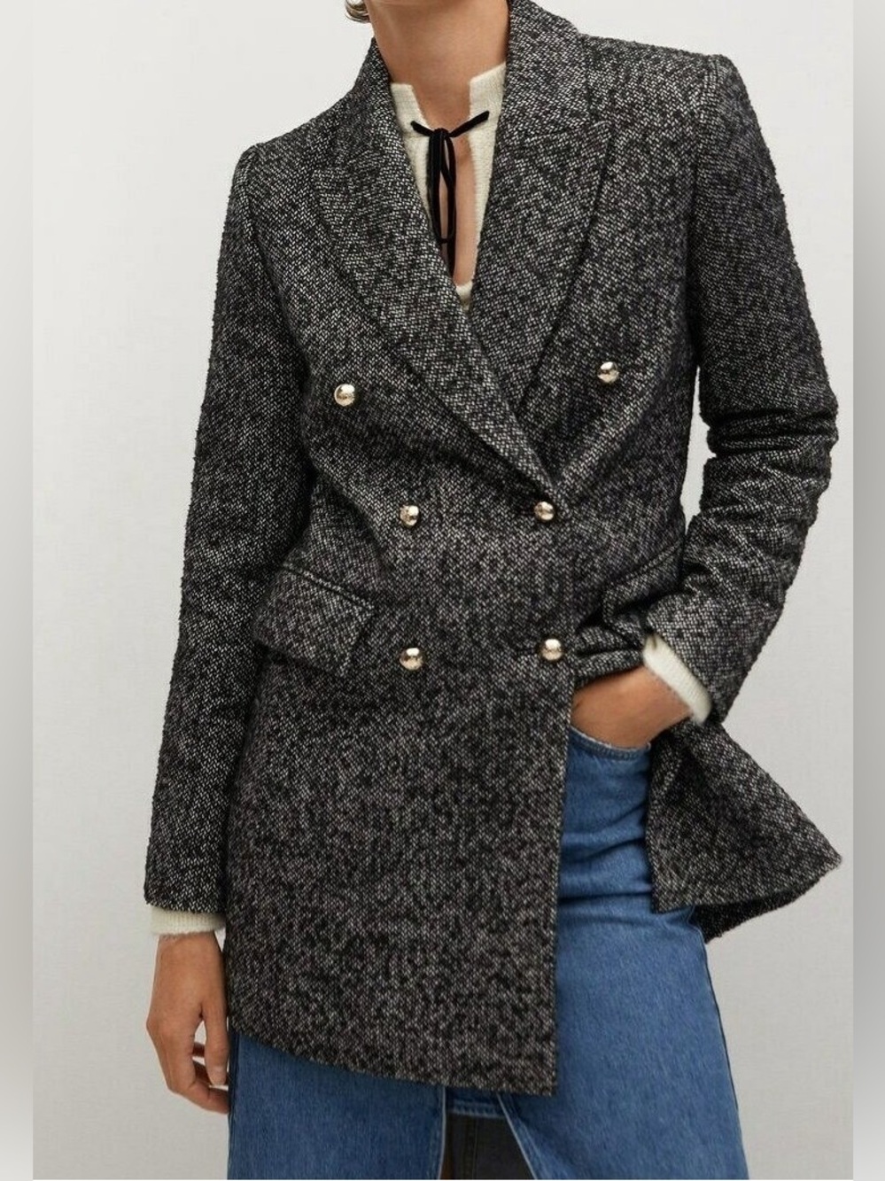 MANGO Black Double Breasted Textured Wool Blend Coat Paris Blazer Jacket Coat XS